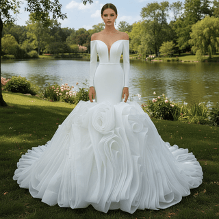 Off the Shoulder Long Sleeve Mermaid Wedding Dress with Ruffled Skirt