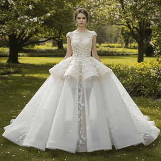 Voluminous Tiered Overskirt Wedding Dress with 3D Flowers & Mini Puff Underlay