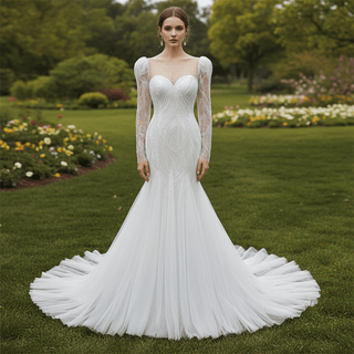 Luxurious Puff Sleeves Mermaid Wedding Dress with Illusion High-Neck