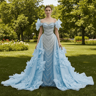 Luxury Baby Blue 2-in-1 Wedding Dress with Beaded & Detachable 3D Flower Overskirt