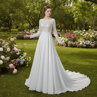 Boho A-Line Long Sleeve Wedding Dress with Illusion Lace