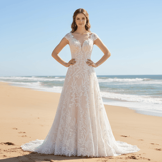 Short Sleeve Leafs Lace Brush Color A-line Bridal Gown Wedding Dress