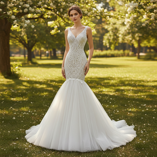 Tank V-neckline Beaded Sheath Wedding Dresses & Gowns