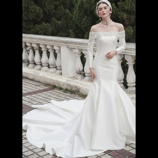 Ivory Satin Off Shoulder Mermaid Wedding Dress