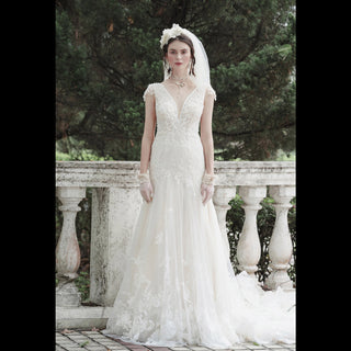 Lace Floor-length Short Sleeve Mermaid Open Back Wedding Dress