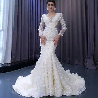 Lace Applique Wedding Dress with Deep V Neckline