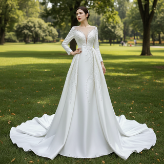 Satin Wedding Dress with Corset Bodice & Sweep Train