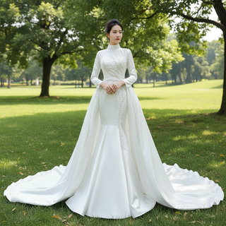 High-End Satin Wedding Dress with Dramatic Train