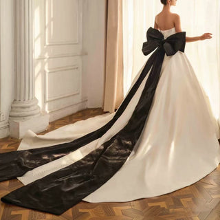 Wedding Dress with Black Bowknot