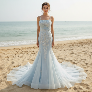 Baby Blue Lace Applique Wedding Dress