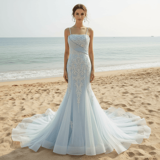 Baby Blue Lace Applique Wedding Dress - Rosymae