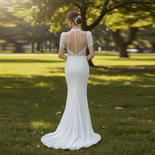 Backless Lace Wedding Dress with Pearl Buttons - Rosymae