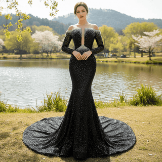 Black Sheer Evening Gown with Long Sleeves - Rosymae