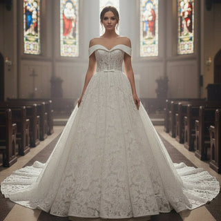 Boho Lace Wedding Dress with Off-Shoulder Neckline - Rosymae