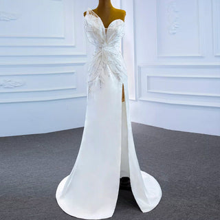 Elegant Satin Sheath Wedding Dress with Slit - Rosymae