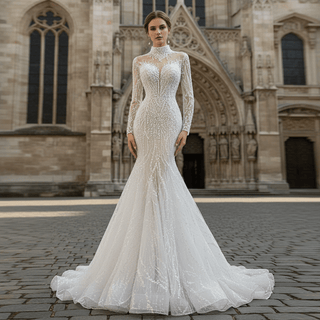 High Neck Lace Wedding Dress with Sleeves - Rosymae