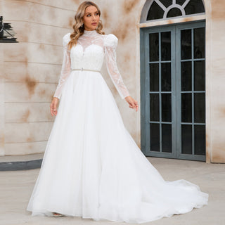 High Neck Long Sleeve Wedding Dress - Rosymae