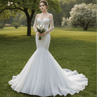 Illusion Lace Long Sleeve Fit and Flare Wedding Dress - Rosymae