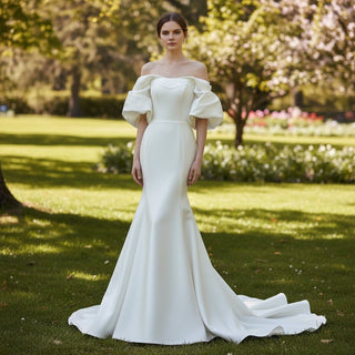 Ivory Satin Off Shoulder Mermaid Wedding Dress - Rosymae