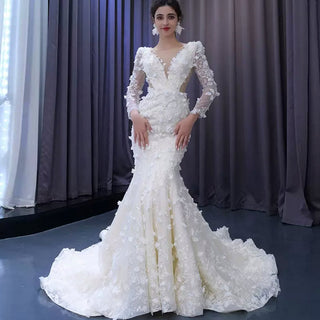 Lace Applique Wedding Dress with Deep V Neckline - Rosymae