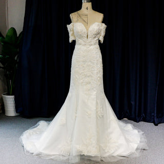 Lace Floor-length Short Sleeve Mermaid Open Back Wedding Dress - Rosymae