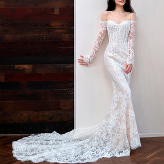 Boho Lace Wedding Dress with Off-Shoulder Neckline