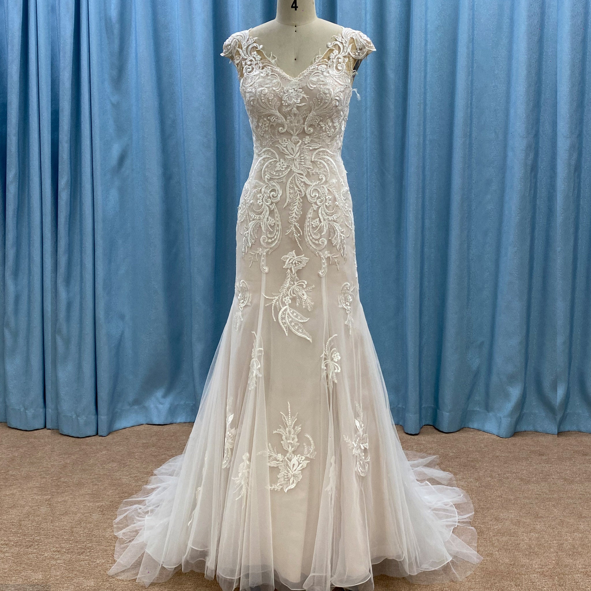 rose gold sequin fringe dress Nude Mermaid Wedding Dress with Square Neck & Lace Train – ML106 –  Viniodress main image 0