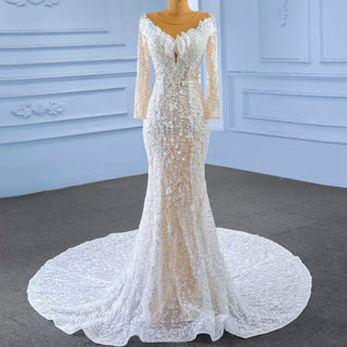 Lace Wedding Dress with Sheer Long Sleeves & Train - Rosymae