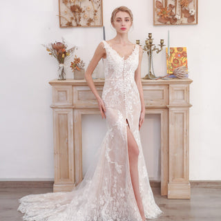 Lace Wedding Dress with Slit - Rosymae