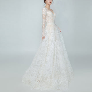 Romantic Boho Wedding Dress with Lace Sleeves & Open Back