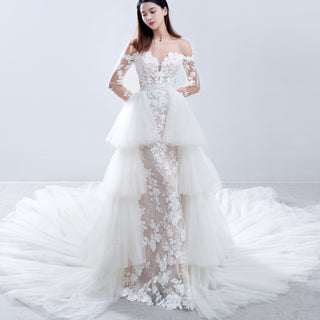 Long Sleeve Wedding Dress Detachable Train