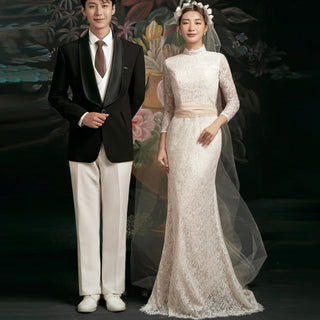 High Neck Lace Wedding Dress with Sleeves