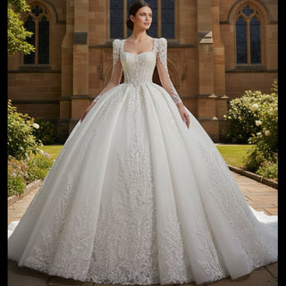 Puff Sleeve Floral Wedding Dress with Low Back - Rosymae
