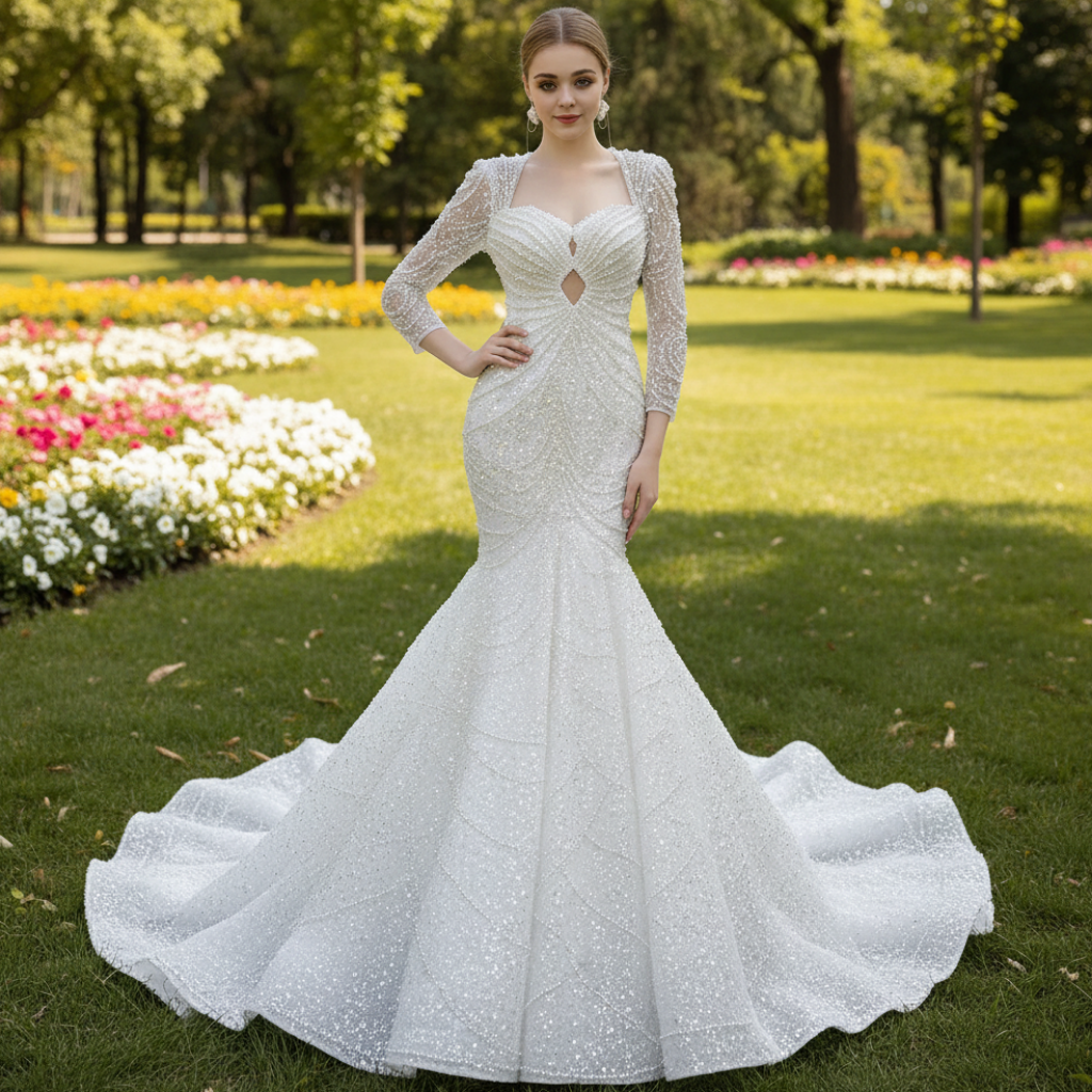 fitted lace wedding dress Exquisite Tulle & Organza Queen Anne Neckline Mermaid Wedding Dresses Cheap  – Sassymyprom main image 1