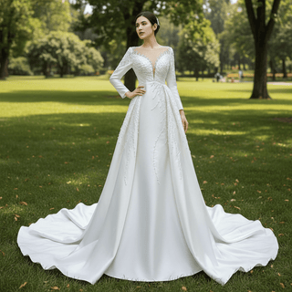 Satin Wedding Dress with Corset Bodice & Sweep Train - Rosymae