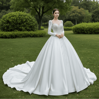Satin Wedding Dress with Sleeves - Rosymae