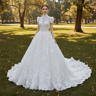 Sheer High Neck Short Sleeve Wedding Dresses - Rosymae