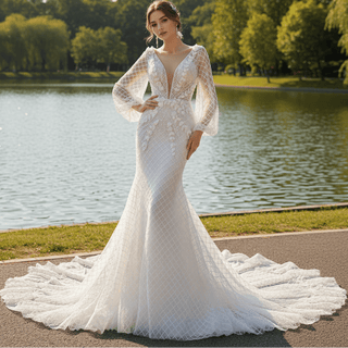 Sheer Puffy Sleeve Wedding Dresses Bridal Gowns - Rosymae