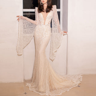 Bohemian Bell Sleeve Wedding Dress for Fall Wedding