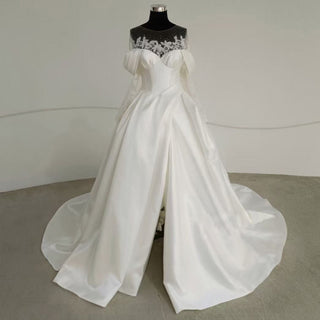 Vintage A Line White Satin Wedding Dress With Side Slit - Rosymae