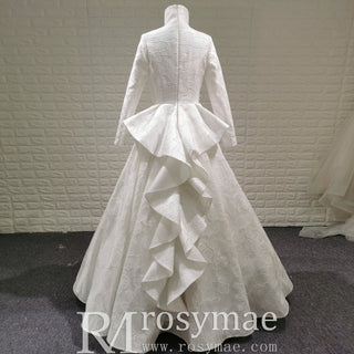 1920s Vintage Unique Design Ruffle Skirt Long Sleeve Wedding Dress with Suit Collar - Rosymae