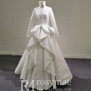 1920s Vintage Unique Design Ruffle Skirt Long Sleeve Wedding Dress with Suit Collar - Rosymae