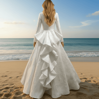 1920s Vintage Unique Design Ruffle Skirt Long Sleeve Wedding Dress with Suit Collar - Rosymae