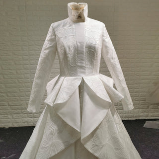 1920s Vintage Unique Design Ruffle Skirt Long Sleeve Wedding Dress with Suit Collar - Rosymae