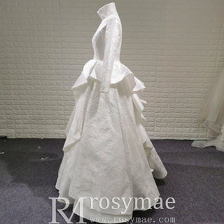 1920s Vintage Unique Design Ruffle Skirt Long Sleeve Wedding Dress with Suit Collar - Rosymae