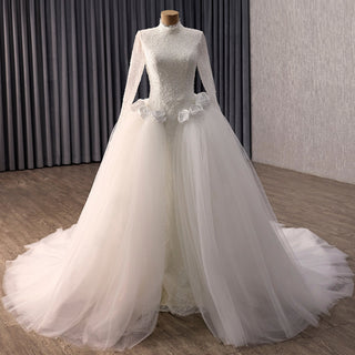 2-in-1 High Neck Lace Wedding Dress with Detachable Overskirt & Mermaid Silhouette - Rosymae