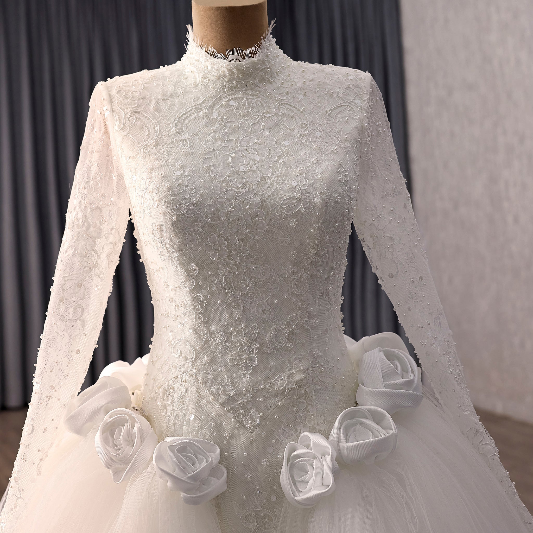 2-in-1 High Neck Lace Wedding Dress with Detachable Overskirt & Mermaid Silhouette - Rosymae