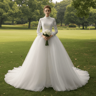 2-in-1 High Neck Lace Wedding Dress with Detachable Overskirt & Mermaid Silhouette - Rosymae