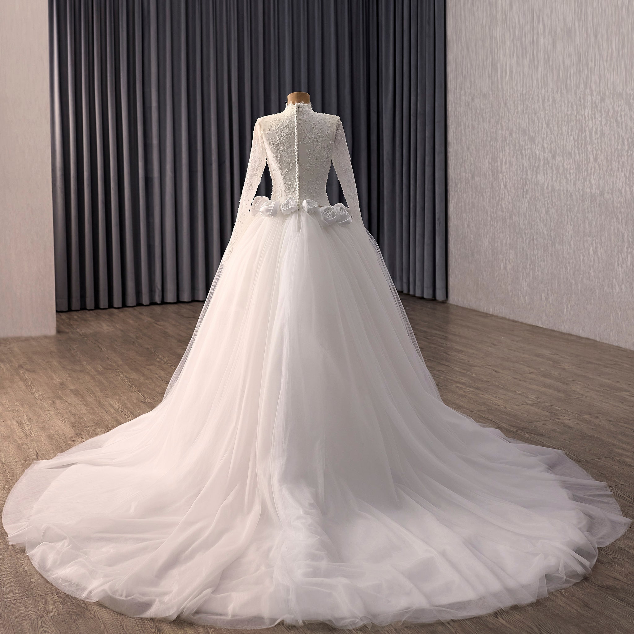 2-in-1 High Neck Lace Wedding Dress with Detachable Overskirt & Mermaid Silhouette - Rosymae