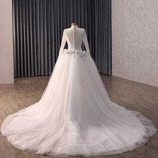 2-in-1 High Neck Lace Wedding Dress with Detachable Overskirt & Mermaid Silhouette - Rosymae